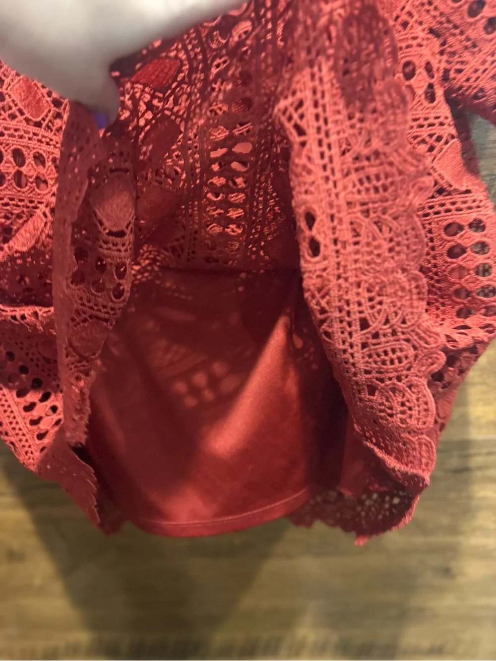 Sunday in Brooklyn Anthro Evie Off Shoulder Crochet Lace Dark Rust Top - Picture 8 of 10
